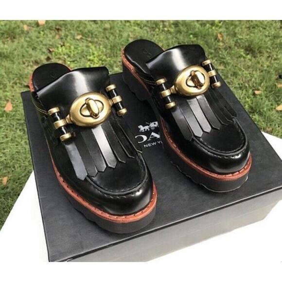 COACH Turnlock Creeper Slides Mules Mule Lug sole Chunky Shoes Black Turn Lock 5 - Picture 1 of 11